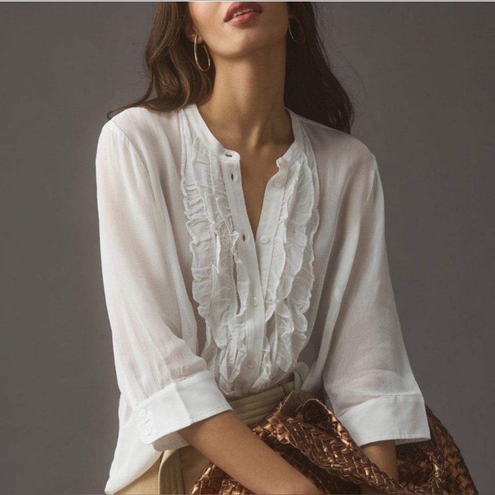 Maeve By Anthropologie White Ruffled Bib Collar Blouse Size S - Picture 1 of 7